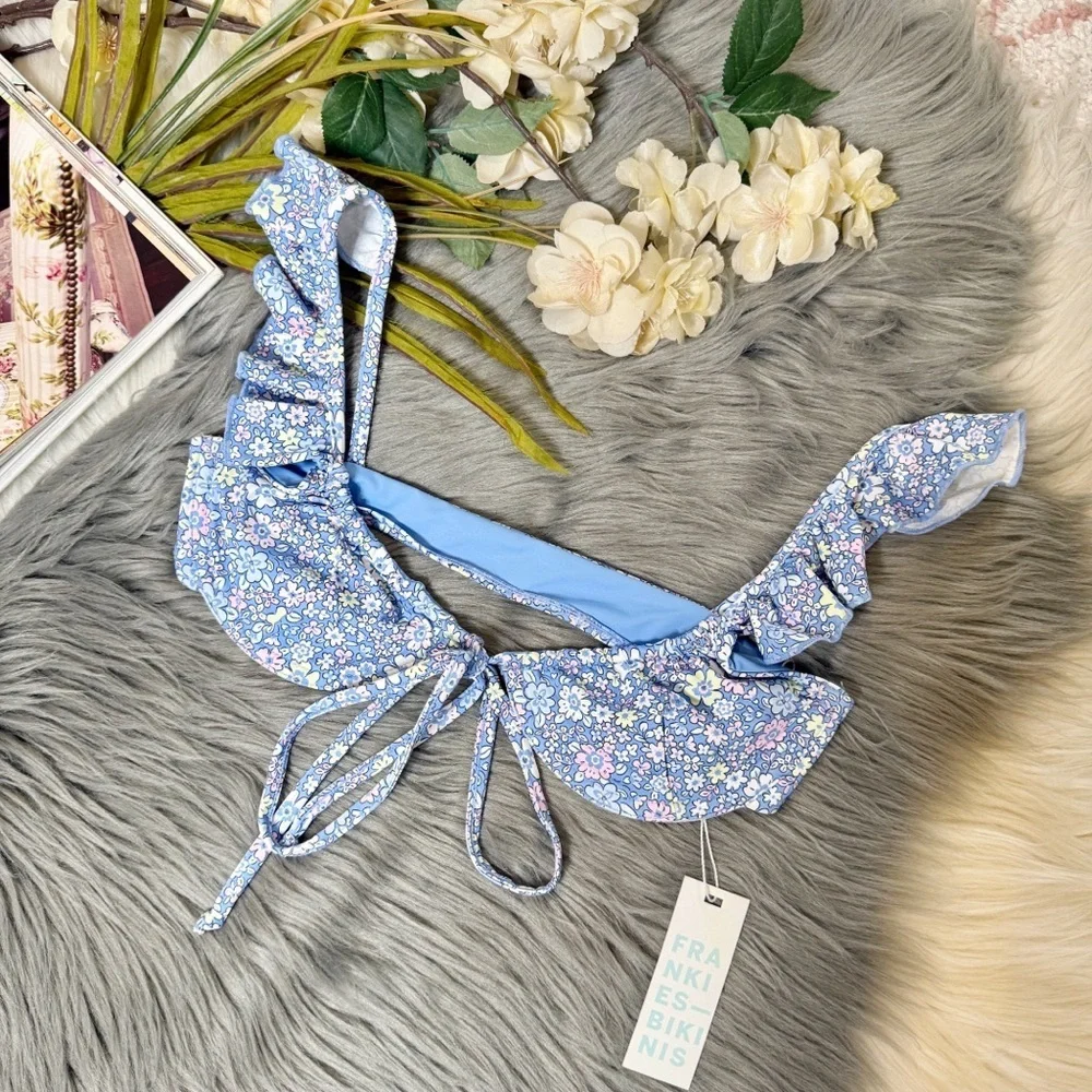 NWT Frankie’s Bikinis Blue Birdie Women’s Underwire Bikini Top Sz S